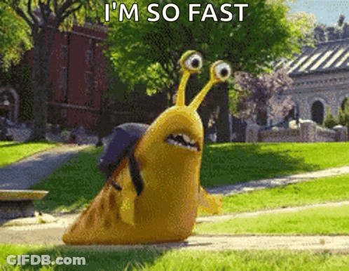 A Cartoon Snail With A Backpack On Its Back Says I 'M So Fast . GIF