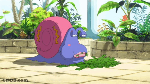 A Cartoon Snail With A Pink Shell Is Eating Leaves On A Sidewalk GIF