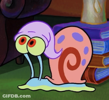 A Cartoon Snail With A Purple Tail And Big Eyes GIF