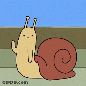 A Cartoon Snail With A Red Shell Is Sitting On A Concrete Surface GIF