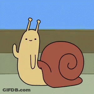 A Cartoon Snail With A Red Shell Is Sitting On A Sidewalk . GIF