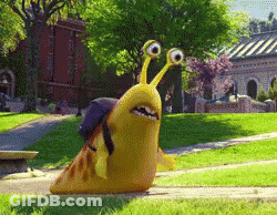A Cartoon Snail With Big Eyes Is Walking Down A Path GIF