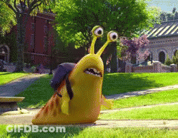 A Cartoon Snail With Big Eyes Is Walking Down A Sidewalk In A Park GIF