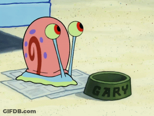 A Cartoon Snail With Its Tongue Hanging Out Next To A Green Bowl That Says Gary GIF