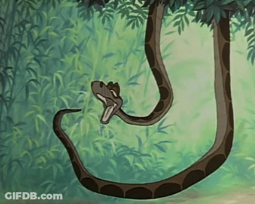 A Cartoon Snake Is Hanging From A Tree Branch With Its Mouth Open GIF