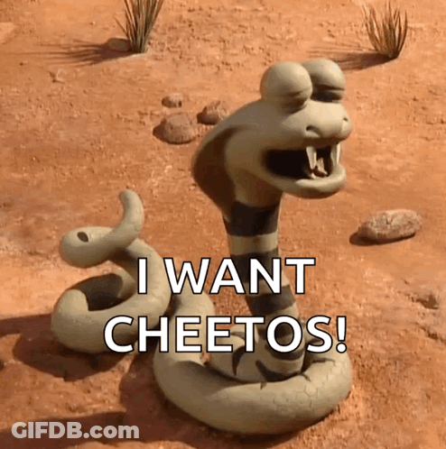 A Cartoon Snake Says I Want Cheetos In The Desert GIF