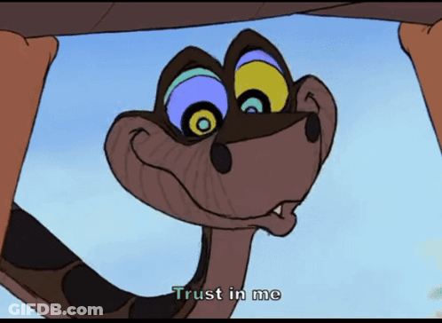 A Cartoon Snake Says " Trust In Me " At The Bottom Of The Screen GIF