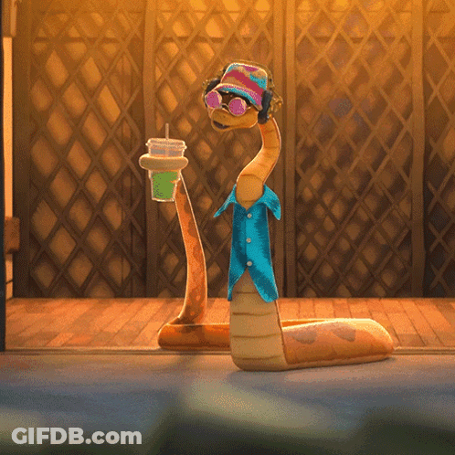 A Cartoon Snake Wearing Sunglasses And Headphones Is Holding A Cup Of Green Liquid GIF