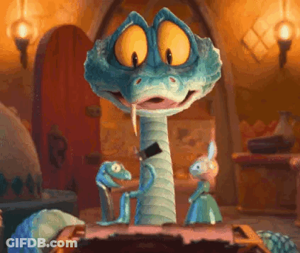 A Cartoon Snake With A Sword In Its Mouth Is Standing Next To A Rabbit In A Room . GIF