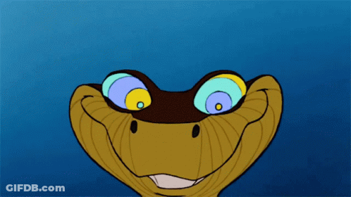 A Cartoon Snake With Colorful Eyes Is Smiling And Looking At The Camera GIF