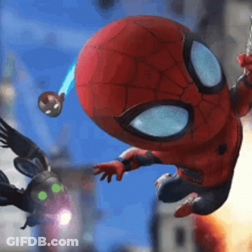 A Cartoon Spider Man Is Flying Through The Air While Holding A Light . GIF