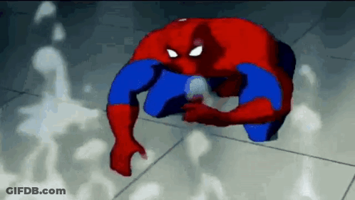 A Cartoon Spider-Man Is Kneeling Down On The Floor And Holding A Bottle Of Water . GIF