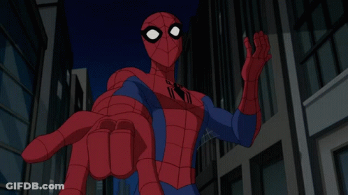A Cartoon Spider-Man Is Standing In Front Of A Building GIF