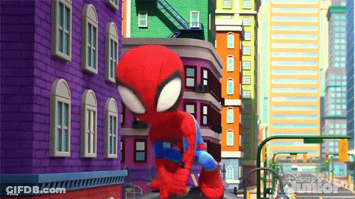 A Cartoon Spider Man Is Standing On A Ledge In A City . GIF