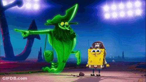 A Cartoon Spongebob And A Green Ghost With A Skull And Crossbones Hat GIF