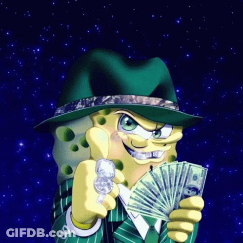 A Cartoon Spongebob Holding A Fan Of Money And A Pipe GIF