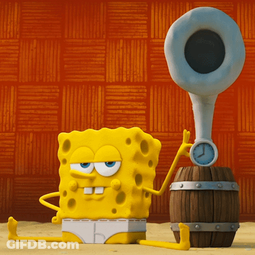 A Cartoon Spongebob Is Sitting Next To A Barrel And A Clock GIF