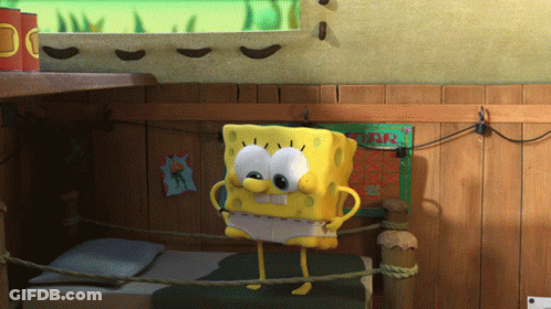 A Cartoon Spongebob Is Standing On A Bed In A Room GIF