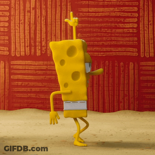A Cartoon Spongebob Squarepants Character Is Standing In Front Of A Red Wall GIF