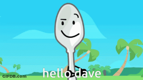 A Cartoon Spoon Says Hello Dave In Front Of A Tropical Scene GIF