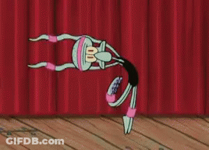 A Cartoon Squidward From Spongebob Squarepants Is Doing A Handstand On A Stage . GIF