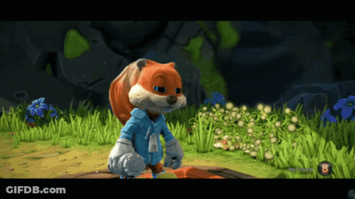 A Cartoon Squirrel In A Blue Jacket Is Standing In A Field With The Letter B On The Bottom Right GIF