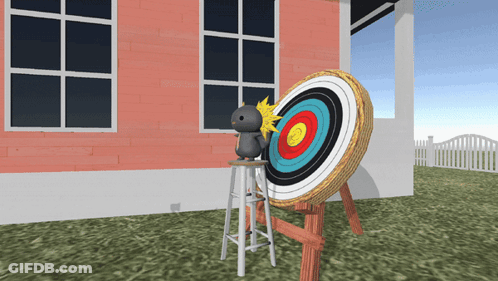 A Cartoon Squirrel Sits On A Stool In Front Of A Large Archery Target GIF