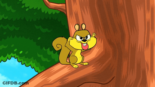 A Cartoon Squirrel Sitting On A Tree Trunk GIF