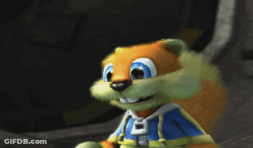 A Cartoon Squirrel Wearing A Blue And Yellow Shirt With The Letter O On It GIF