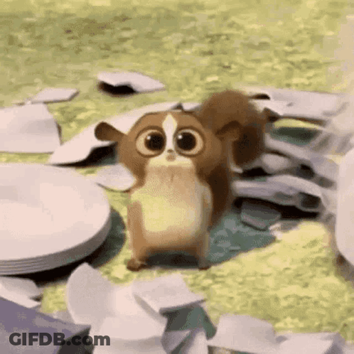 A Cartoon Squirrel With Big Eyes Is Standing In A Pile Of Plates And Napkins . GIF