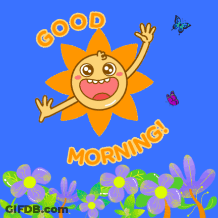 A Cartoon Sun Says Good Morning With Butterflies Flying Around GIF