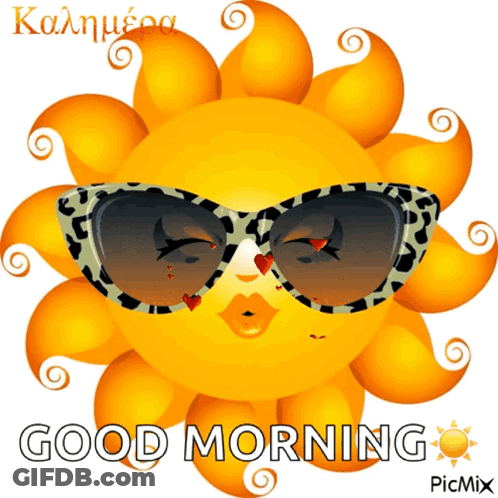 A Cartoon Sun Wearing Sunglasses Says Good Morning In Greek GIF