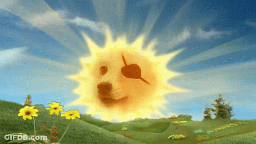 A Cartoon Sun With A Dog 'S Face On It In A Field GIF