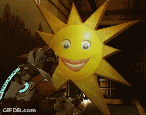 A Cartoon Sun With A Smiling Face Is Being Held By A Soldier GIF