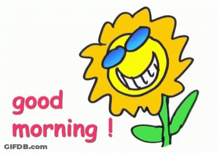 A Cartoon Sunflower Wearing Sunglasses And Smiling With The Words `` Good Morning '' Written Below It . GIF