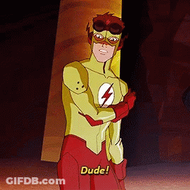 A Cartoon Superhero Says Dude In Yellow Letters GIF