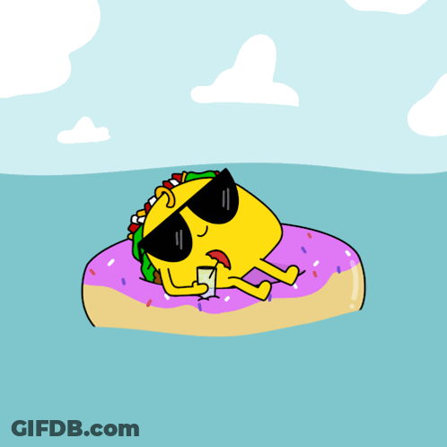 A Cartoon Taco Is Floating On A Purple Donut In The Water GIF