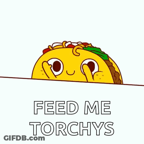 A Cartoon Taco Peeking Over A Sign That Says `` Feed Me Torchys '' . GIF