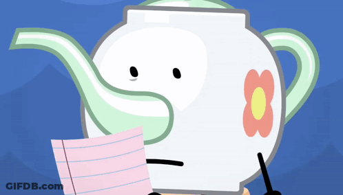 A Cartoon Teapot With A Flower On It Holding A Piece Of Paper GIF