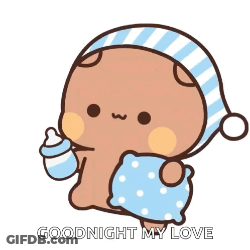 A Cartoon Teddy Bear Is Holding A Pillow And A Bottle And Says Goodnight My Love . GIF