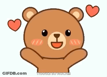A Cartoon Teddy Bear Is Holding His Hands Up In The Air With Two Hearts Around His Head . GIF