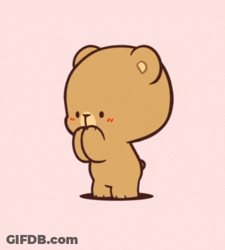 A Cartoon Teddy Bear Is Standing On A Pink Background With Its Arms Outstretched . GIF