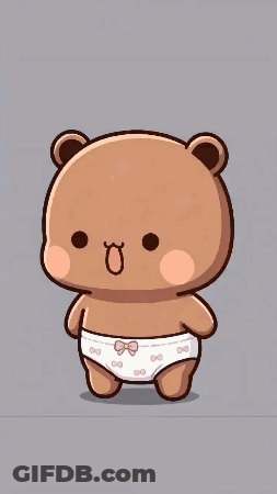 A Cartoon Teddy Bear Wearing A Diaper Is Standing In Front Of A Gray Background . GIF