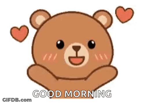 A Cartoon Teddy Bear With Hearts Around Its Head Is Saying `` Good Morning '' . GIF