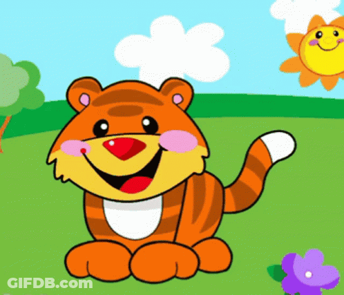 A Cartoon Tiger Is Smiling In A Field With Flowers And A Sun GIF