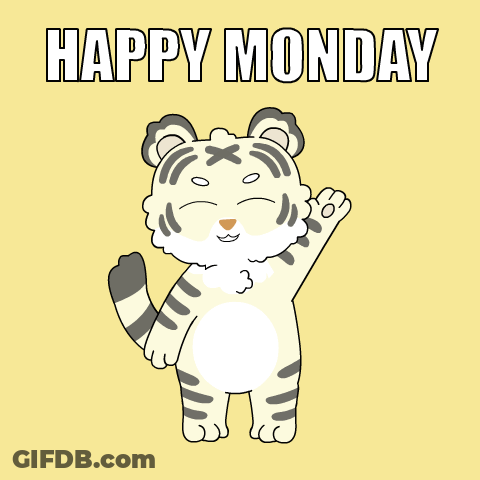 A Cartoon Tiger Says Happy Monday With Its Paw Up GIF