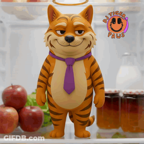 A Cartoon Tiger Wearing A Purple Tie Stands In A Refrigerator GIF