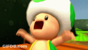 A Cartoon Toad With A Green And White Hat Is Standing On A Table With His Mouth Open GIF