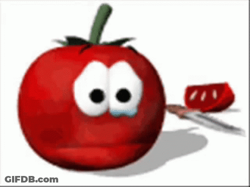 A Cartoon Tomato With A Sad Face Is Holding A Knife GIF