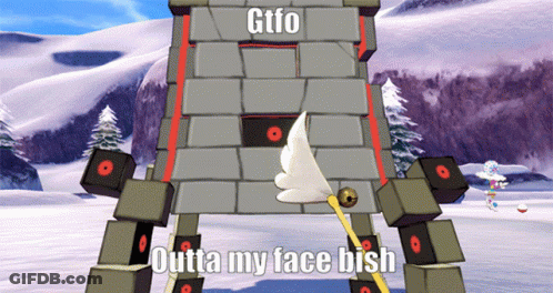 A Cartoon Tower With The Words Gtfo Outta My Face Bish Written On It GIF
